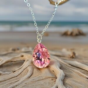 Handcrafted necklace with light rose pink Swarovski crystal and chain